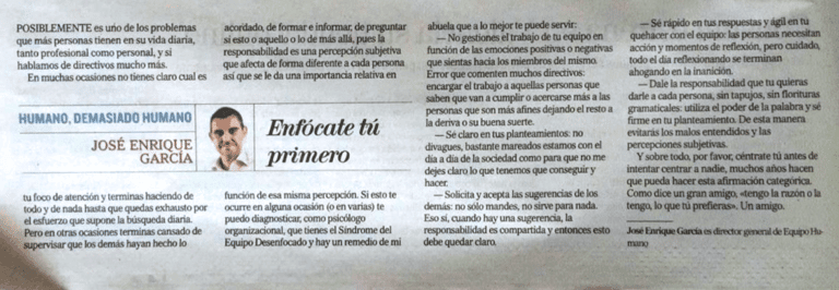 La columna en El Mundo de José Enrique García, director general de Equipo Humano